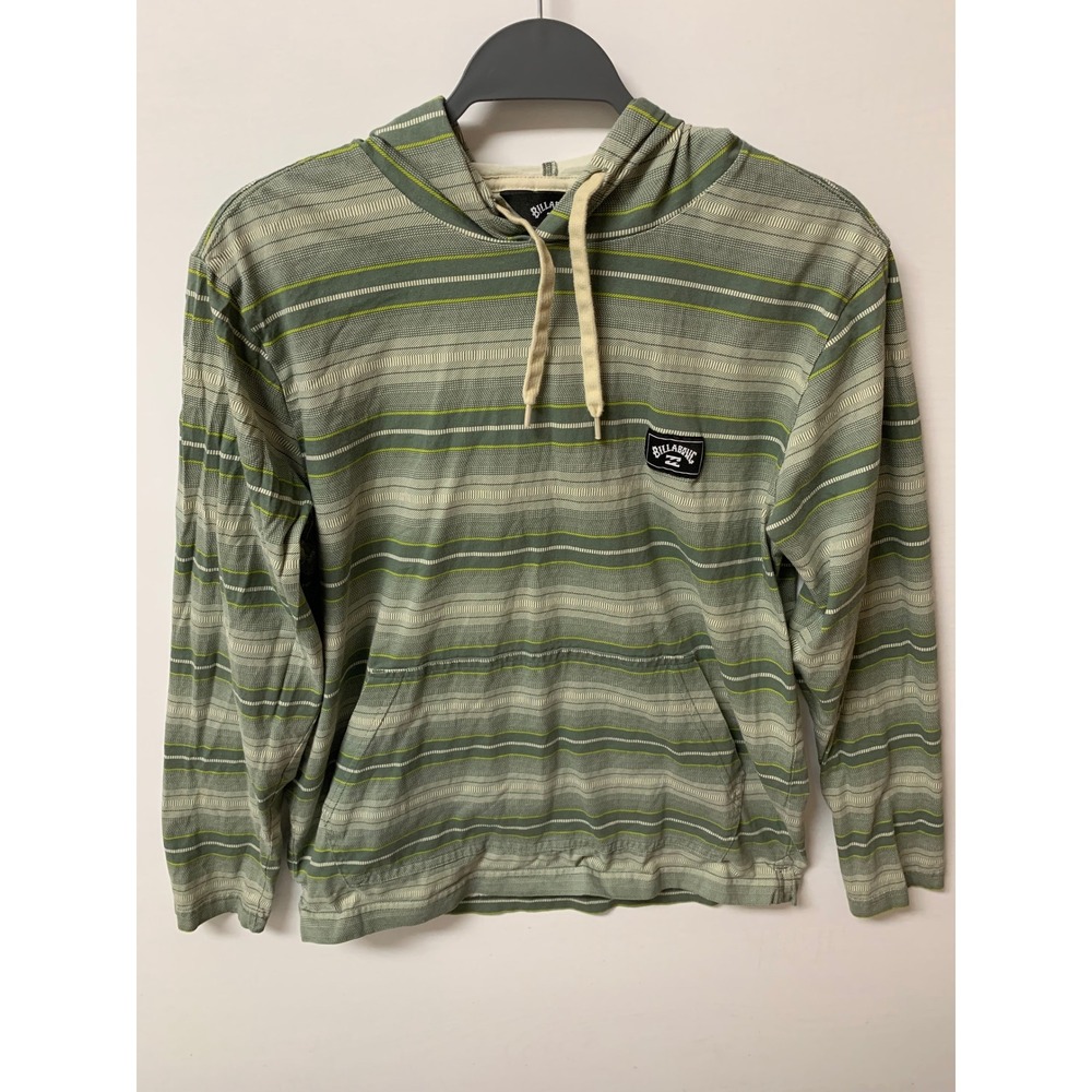 Billabong Mens Green Striped Long Sleeve Hooded T-Shirt Small Cotton Surf Hoodie